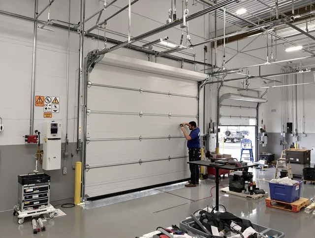 Commercial garage door repair being performed by Rancho Cucamonga Garage Door Repair expert in Rancho Cucamonga