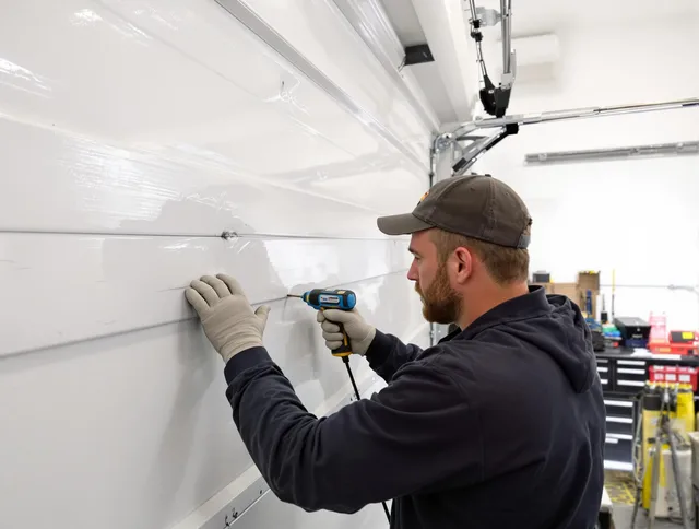 Rancho Cucamonga Garage Door Repair technician demonstrating precision dent removal techniques on a Rancho Cucamonga garage door