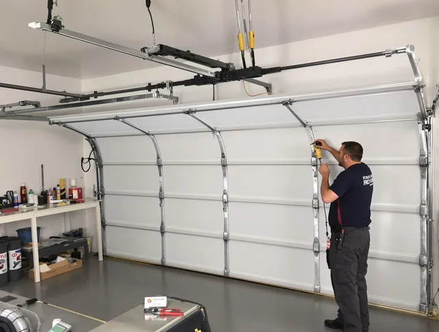 Rancho Cucamonga Garage Door Repair certified technician performing overhead door system repair in Rancho Cucamonga