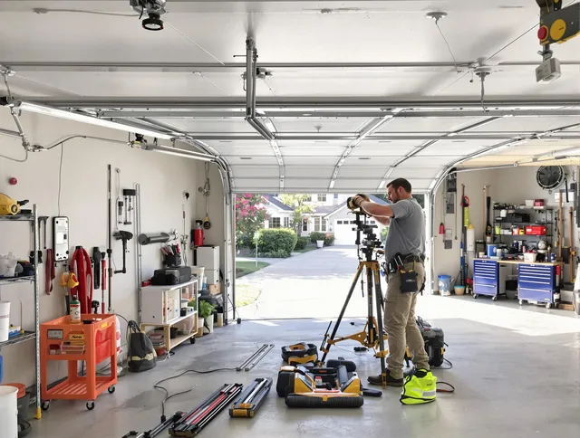 Rancho Cucamonga Garage Door Repair specialist performing laser-guided track alignment in Rancho Cucamonga